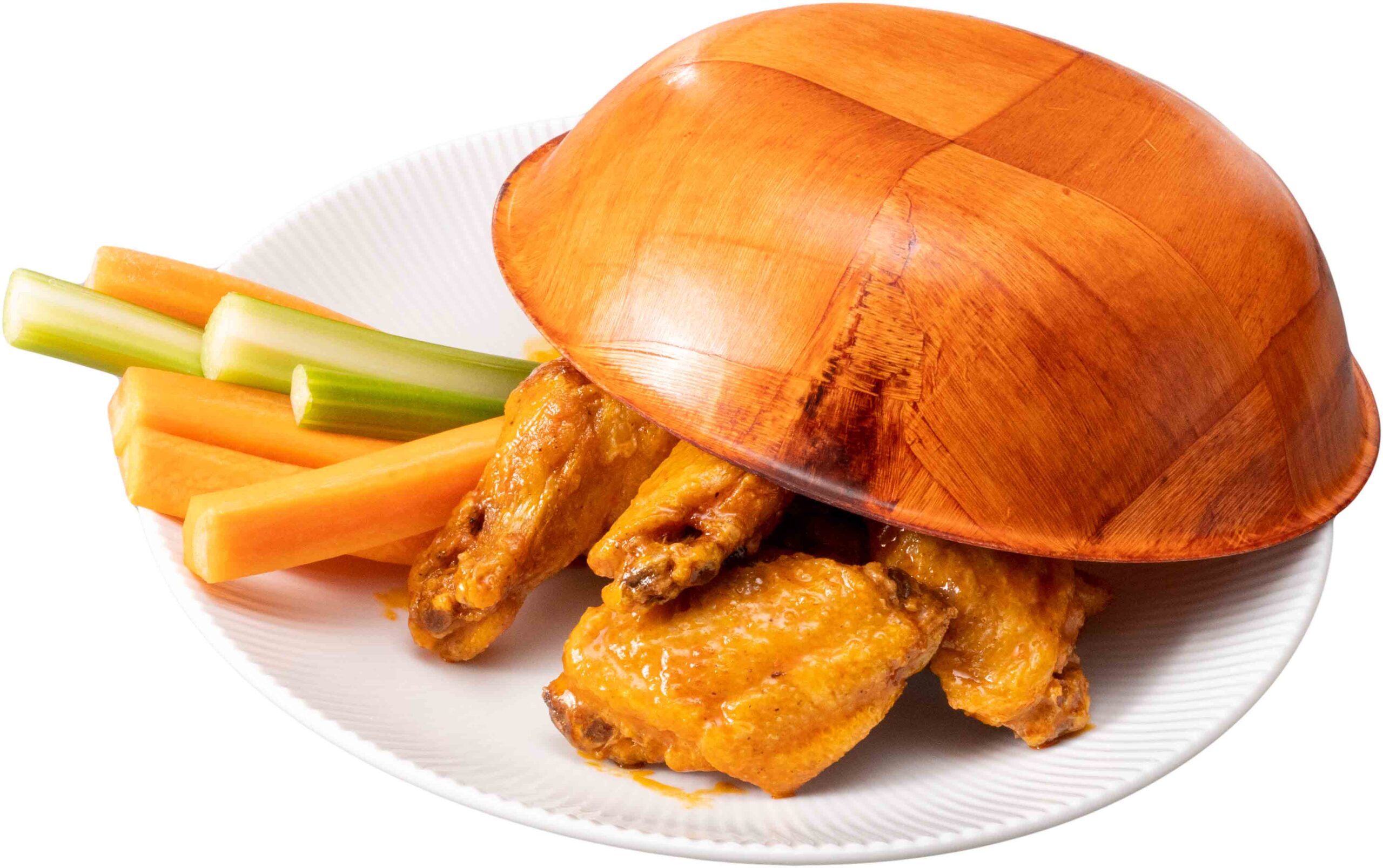 Wings, white plate celery wood bowl